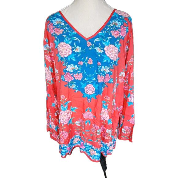 Tolani Collection Tops - Tolani Plus Sz 3X Orange Teal Tropical Print Rayon LS Casual Tunic Blouse Top